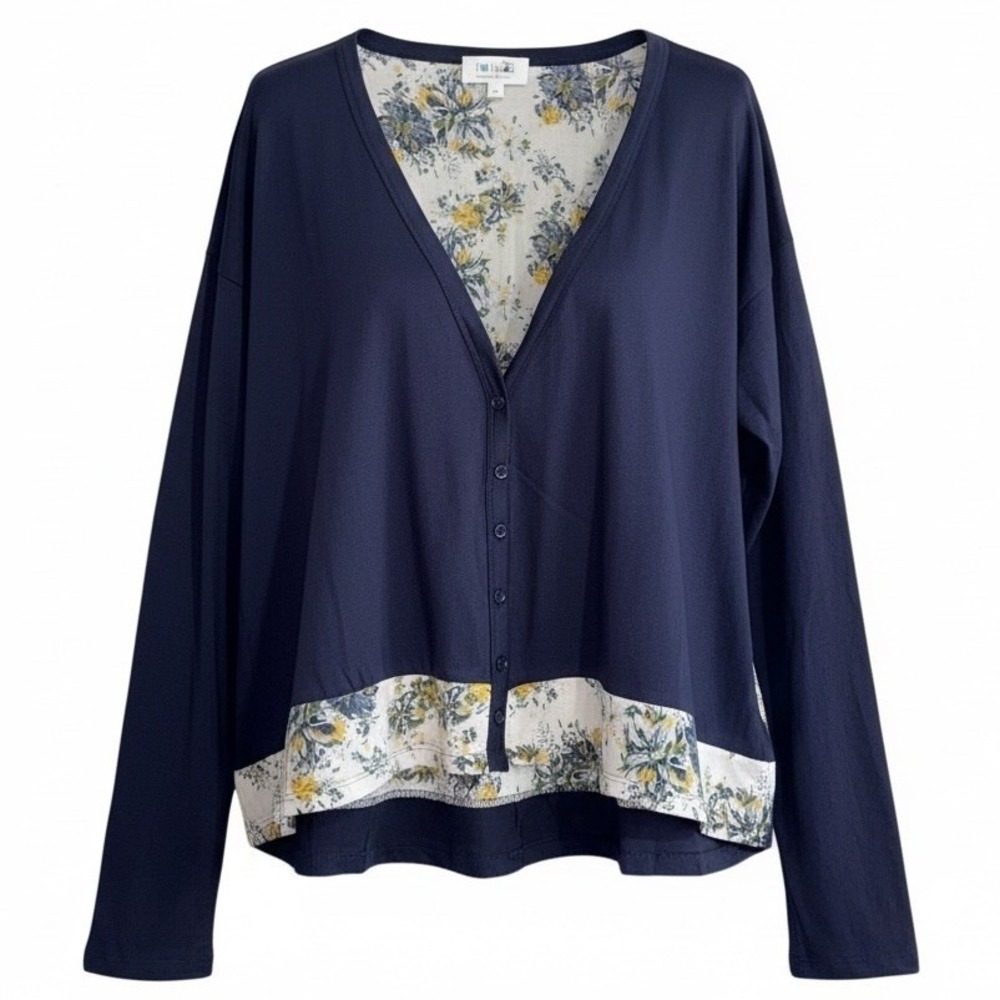 Tulip‎ B Cotton Top Womens Med Navy Floral Boho Cottagecore Button Front V Neck